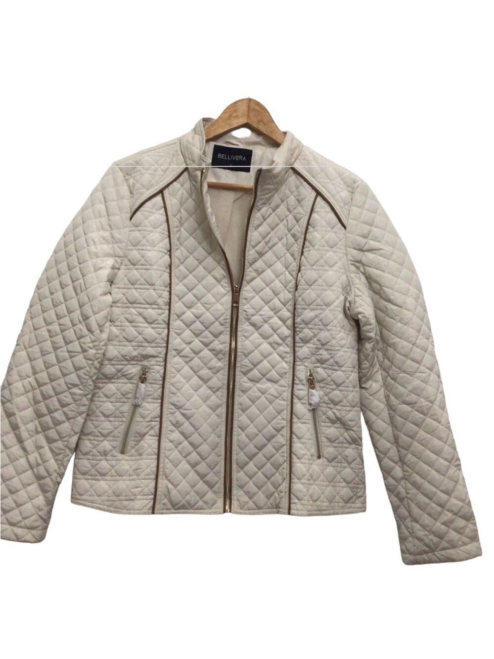 𝅺Bellivera quilted fitted jacket zip-up cream gold zippers ecru white Large